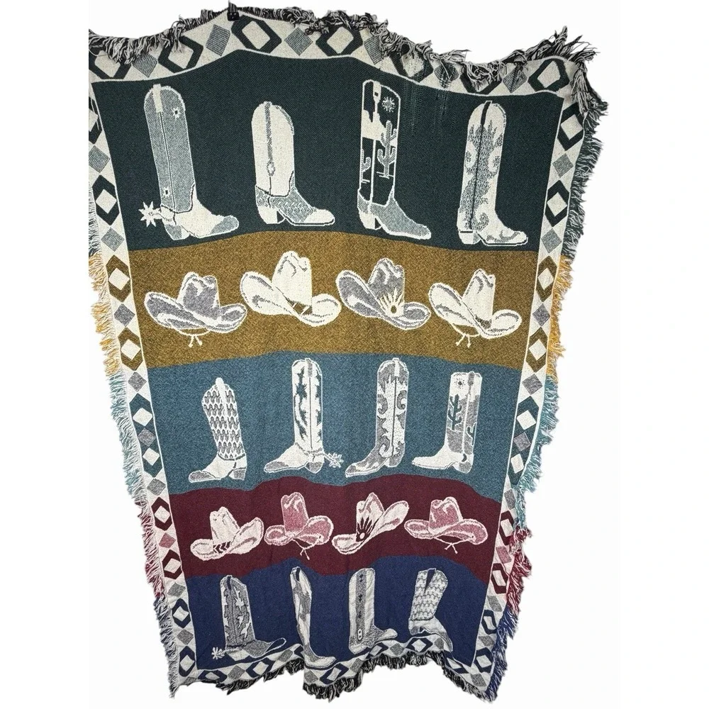 Vintage Western Cowboy Boots Tapestry Afghan Fringe Throw Cowgirl Ranch Decor